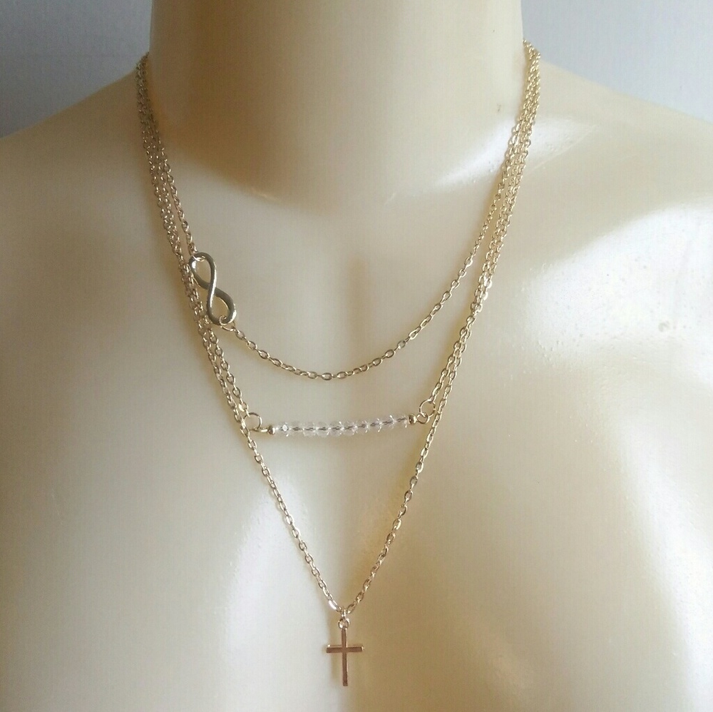 Gold Cross Infinity Crystal Multi-Layer Necklace - image 1